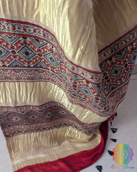 Close-up of Ajrakh Palla on Teal Blue Gajji Silk Bandhani Saree