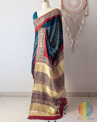 Teal Blue Gharchola Pure Gajji Silk Bandhani Saree Side View