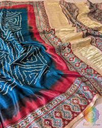 Teal Blue Pure Gajji Silk Bandhani Saree with Gharchola Detailing
