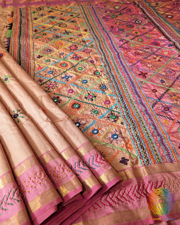 Terracotta Beige Pure Kanjivaram Silk Saree with Sindhur Lambani Handwork