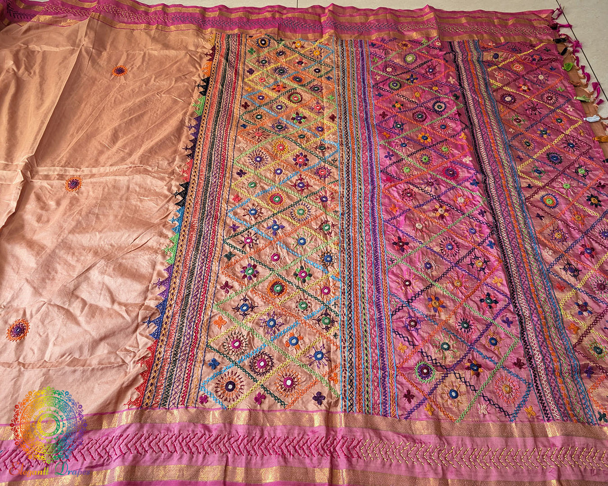 Detailed Lambani Hand Embroidery on Terracotta Beige Pure Kanjivaram Silk Saree