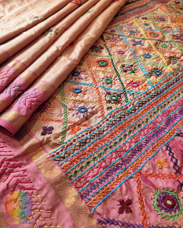 Terracotta Beige Kanjivaram Silk Saree with Pink Border and Pallu