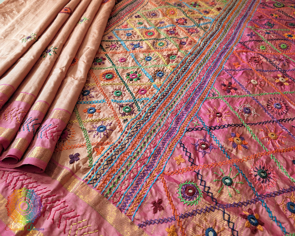 Pink Pallu Detail of Terracotta Beige Kanjivaram Silk Saree with Lambani Handwork
