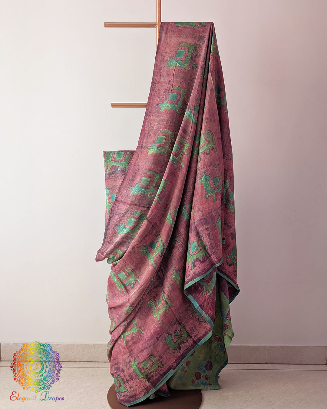 Terracotta Pink Nashpal Pomegranate Ajrakh Modal Tussar Silk Saree with the palla fully opened, showcasing its warm terracotta pink shade and distinctive striped Ajrakh pattern.