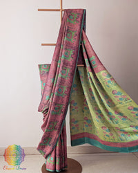 Terracotta Pink Nashpal Pomegranate Ajrakh Modal Tussar Silk Saree with the palla neatly pleated, highlighting the layered fabric and traditional pomegranate Ajrakh detailing.