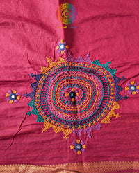 Close-up of Lambani hand embroidery on the back of Tomato Red Mangalgiri Cotton Blouse Piece