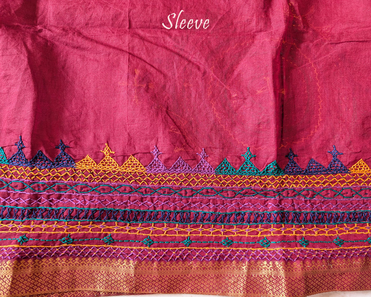 Close-up of Lambani embroidered sleeve on Tomato Red Mangalgiri Cotton Blouse Piece