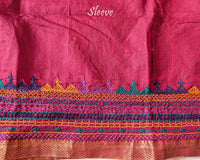 Close-up of Lambani embroidered sleeve on Tomato Red Mangalgiri Cotton Blouse Piece