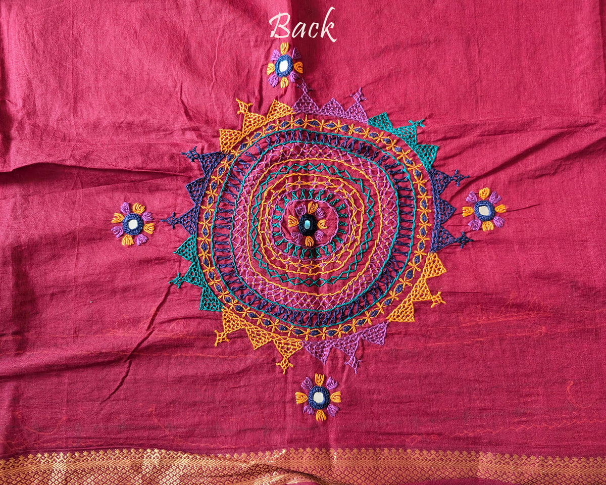 Tomato Red Mangalgiri Cotton Lambani Embroidered Blouse Piece back with intricate hand embroidery