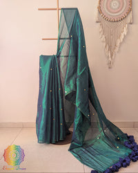 Turquoise Bengal Tissue Saree with Sequins Work
