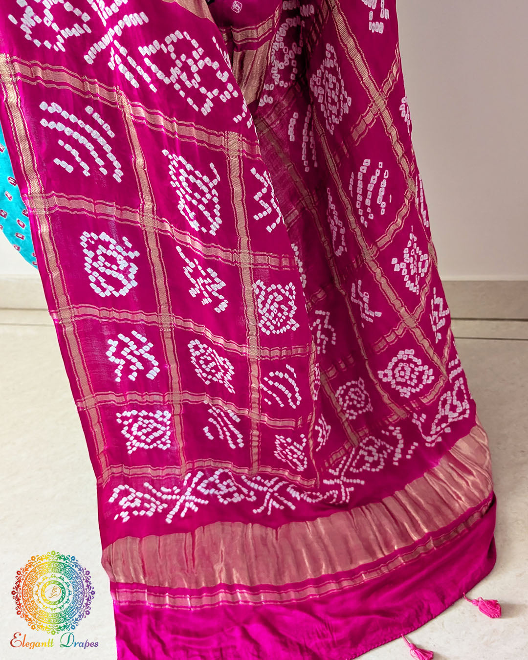 Full pallu view showcasing the traditional Gharchola pattern on the Turquoise Blue Pure Gajji Silk Saree
