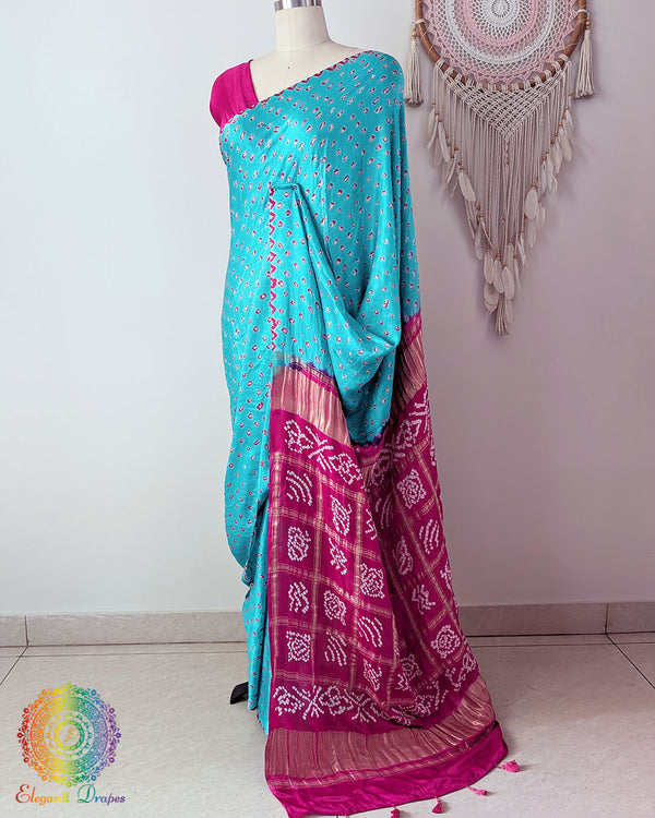 Side view of the Turquoise Blue Pure Gajji Silk Bandhani Saree