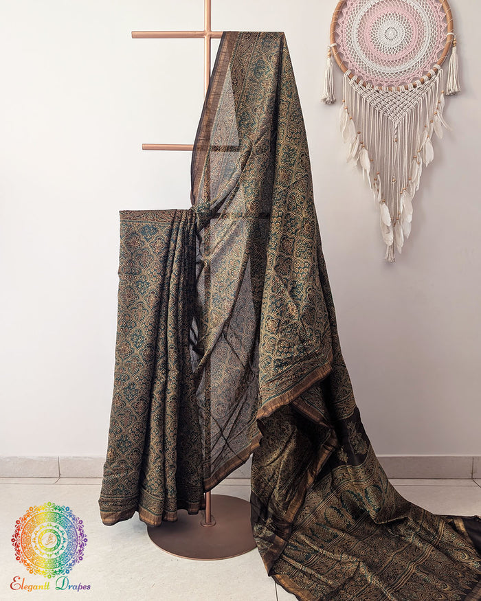 Turquoise Chanderi Ajrakh Saree full view