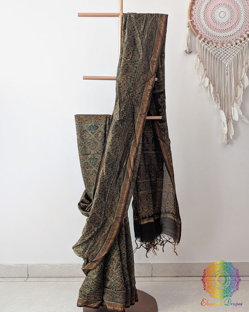 Turquoise Chanderi Saree with traditional Ajrakh motifs