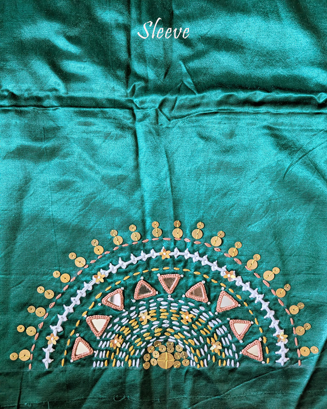 Sleeve Detail of Turquoise Mashru Silk Blouse with Kutch Handwork, Mirrors and Sequins