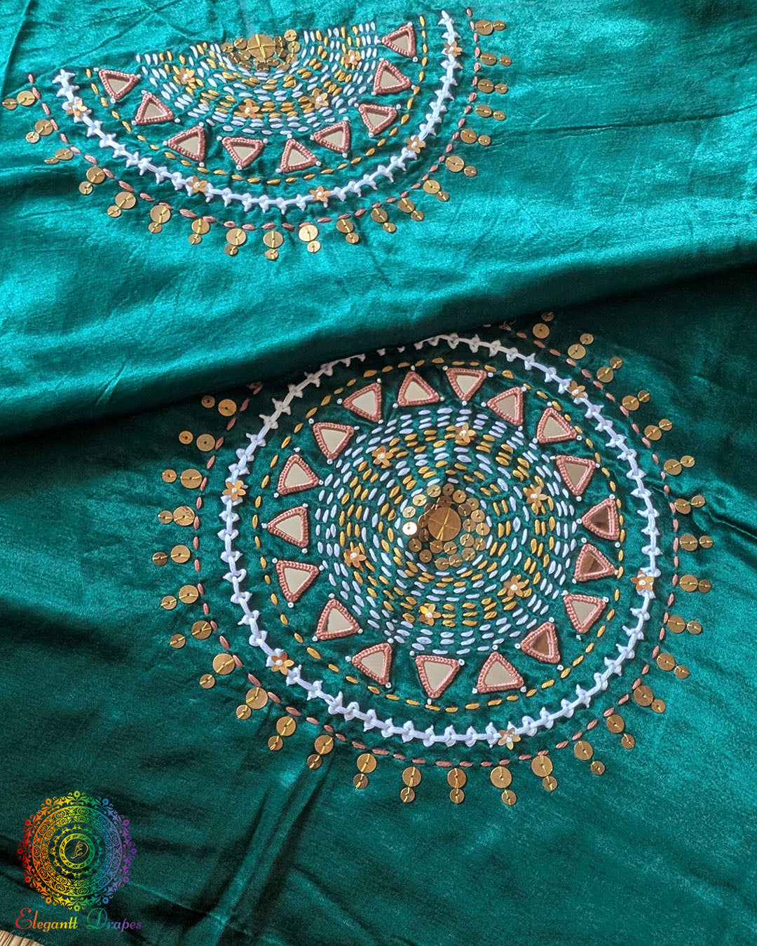 Turquoise Mashru Silk Kutch Handwork Blouse Front View with Mirror and Sequin Work