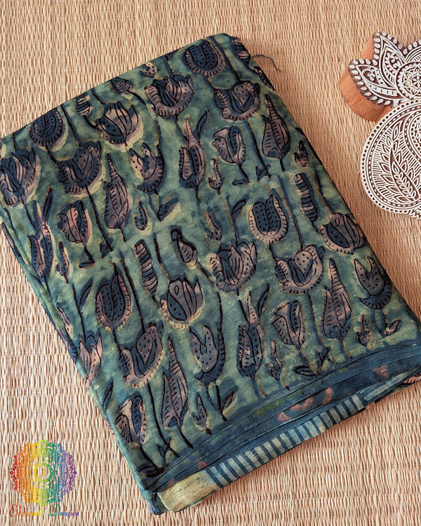 Turquoise Nashpal Pomegranate Modal Tussar Saree folded view