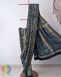 Open pallu view of Turquoise Nashpal Pomegranate Modal Tussar Saree
