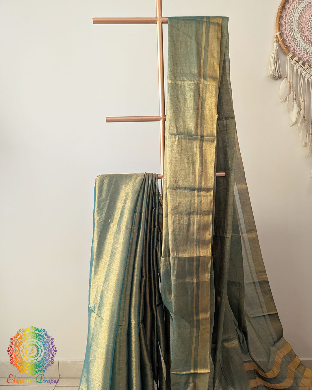 Turquoise Bengal tissue linen saree close up