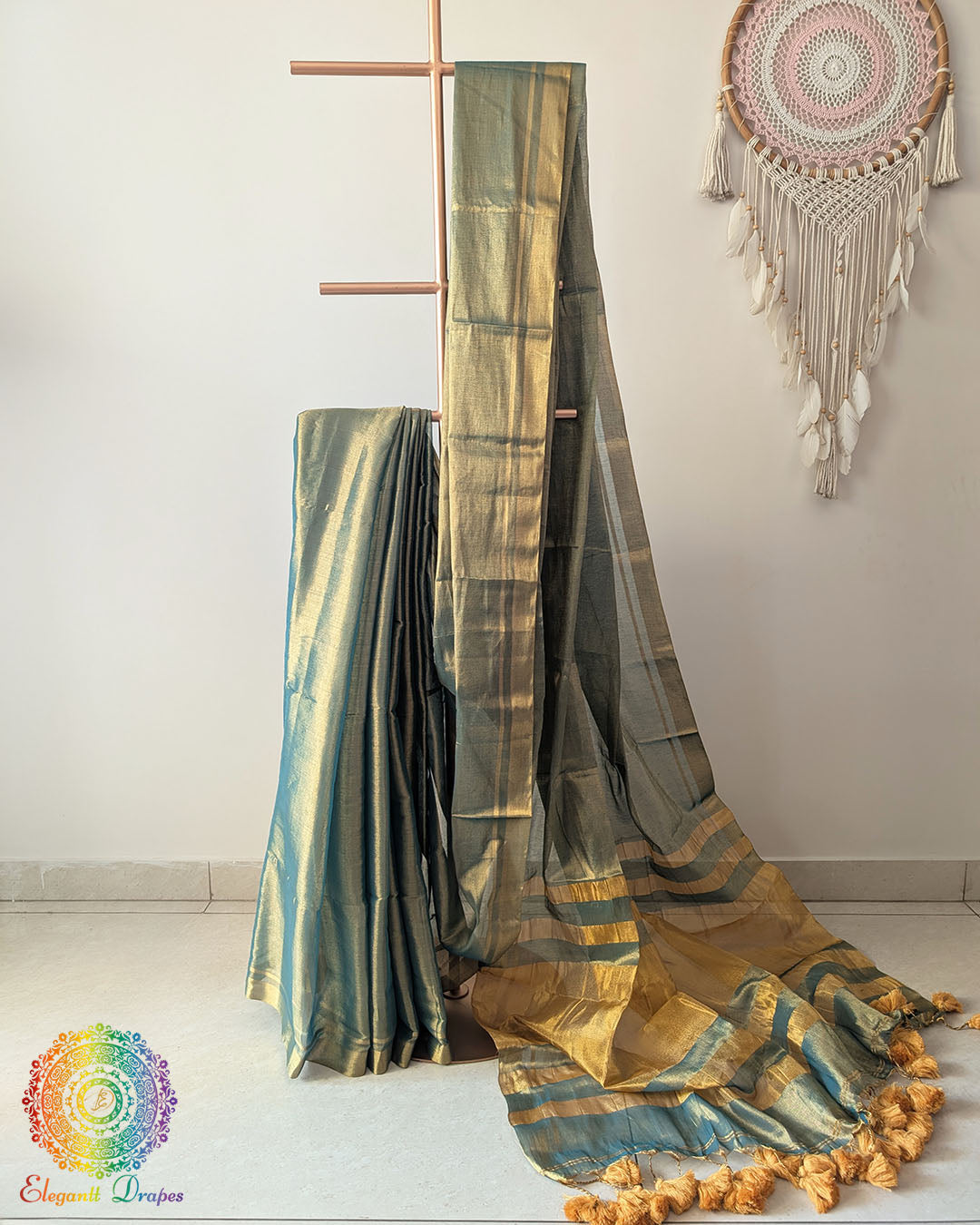 Turquoise Bengal tissue linen saree drape view