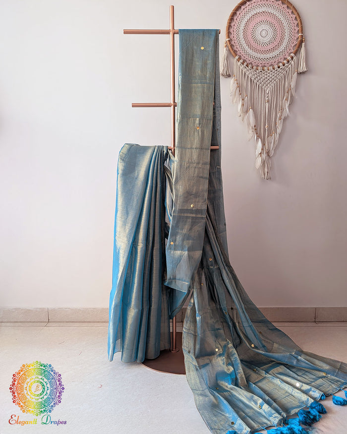 Aqua blue Bengal mul tissue saree drape view with sequins work