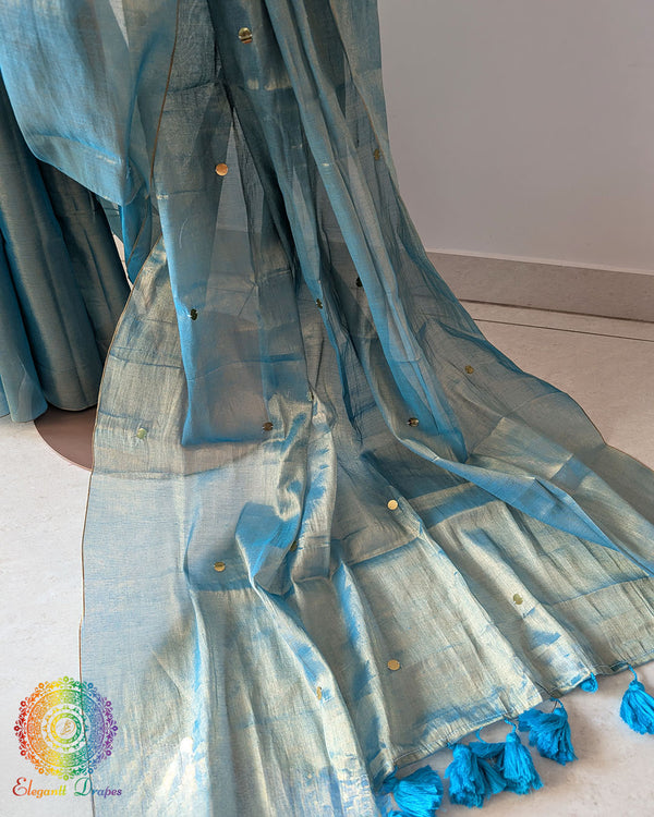 Aqua blue Bengal mul tissue saree open palla view showing sequins detailing