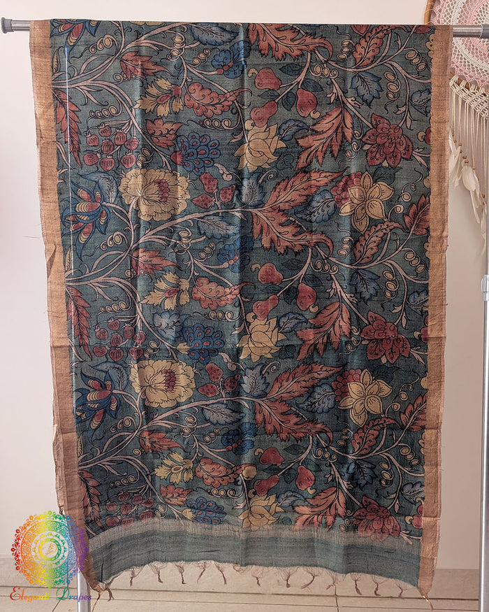 Turquoise Hand-Painted Kalamkari Pure Tussar Silk Dupatta showcasing traditional artisan painting and natural silk texture