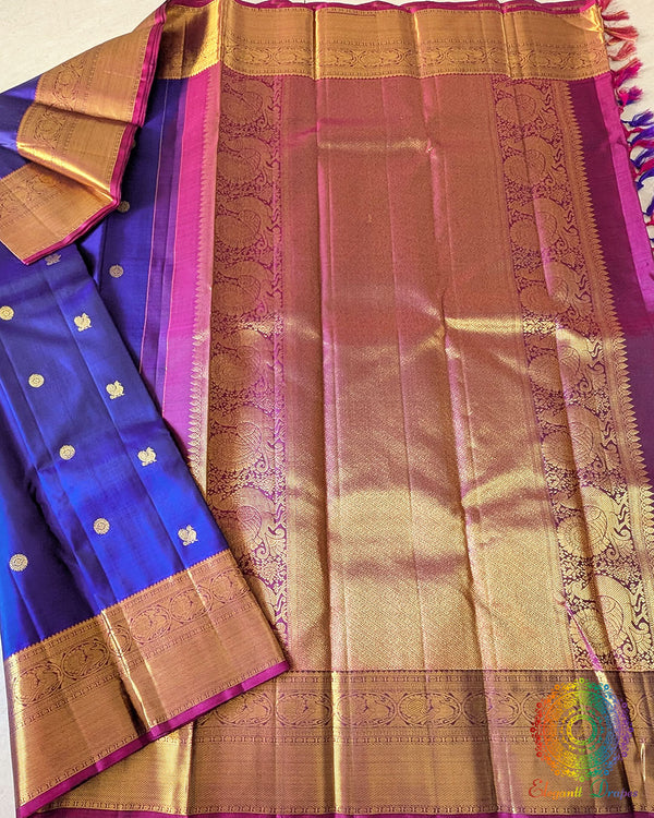 Violet Pure Kanjivaram Handloom Silk Saree – Open Full View displaying the complete saree and its rich violet colour, highlighting the traditional silk texture and gold zari accents throughout the design.