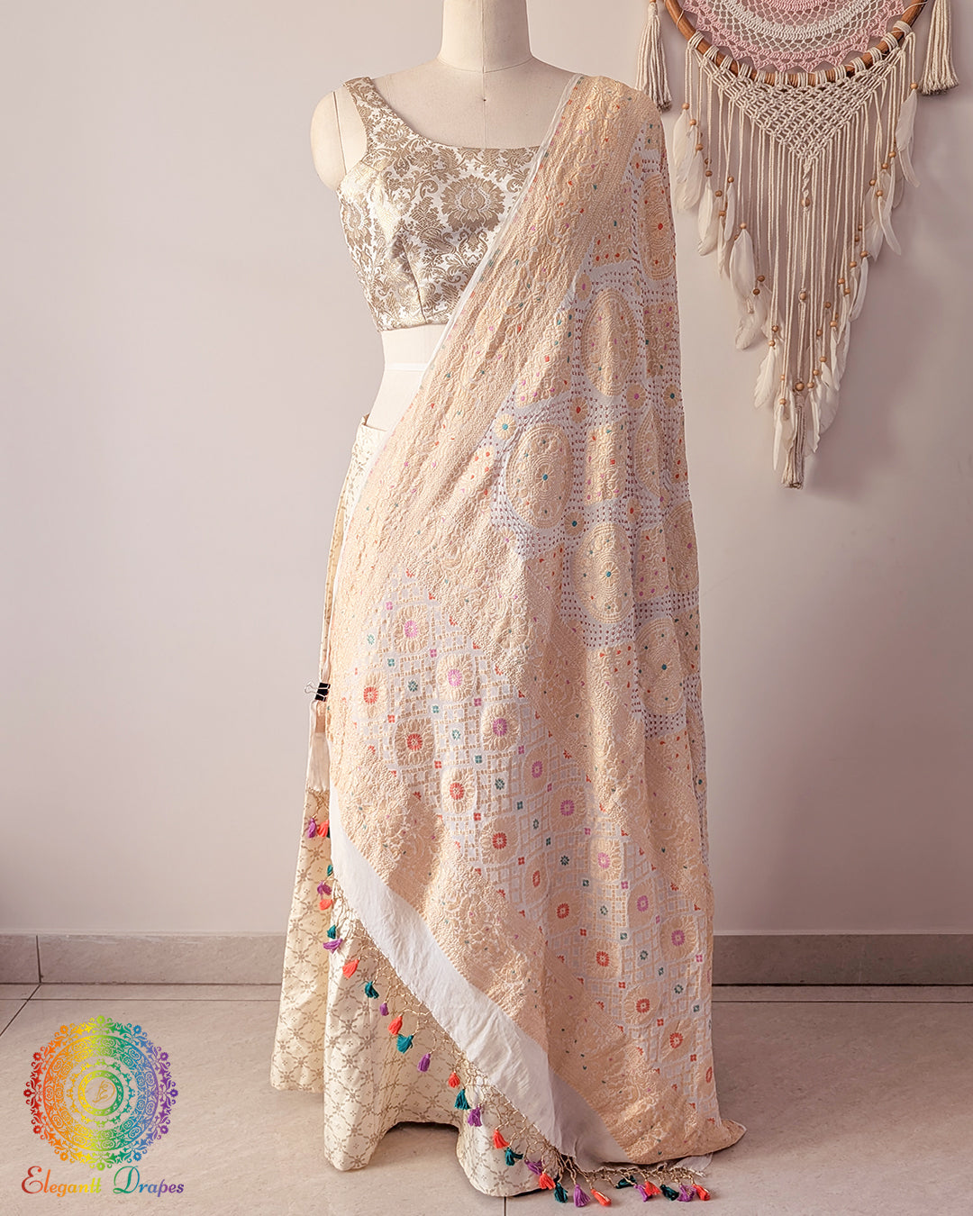 Off white georgette bandhani dupatta with banarasi meenakari work