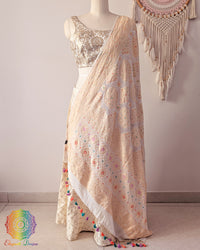 Off white georgette bandhani dupatta with banarasi meenakari work