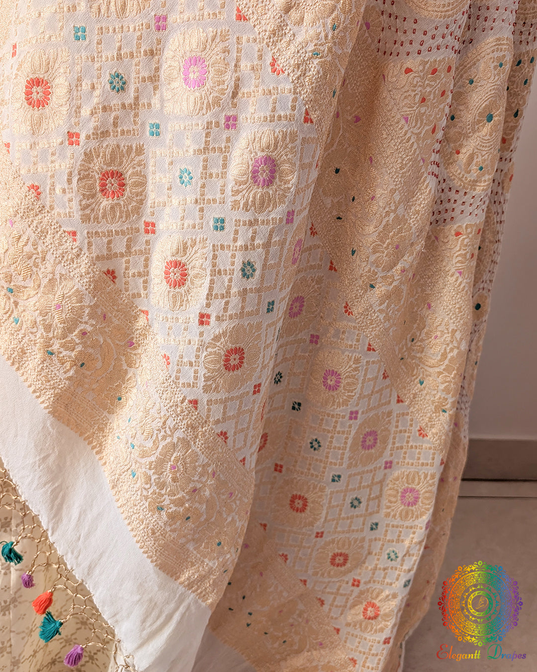 Festive off white bandhani dupatta close view