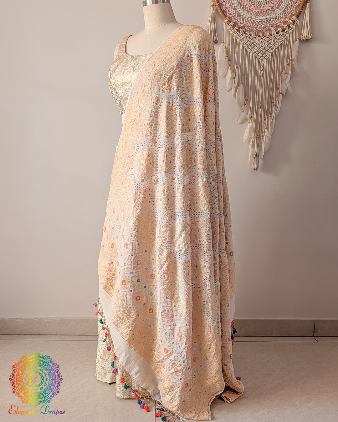 Elegant off white dupatta detailed meenakari and bandhani design