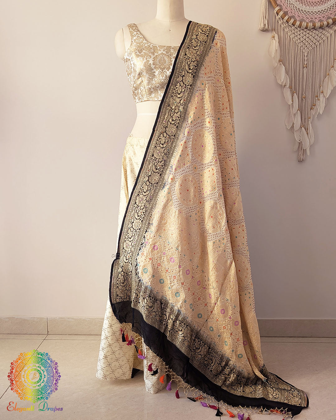 White black banarasi meenakari georgette bandhani dupatta Elegantt Drapes