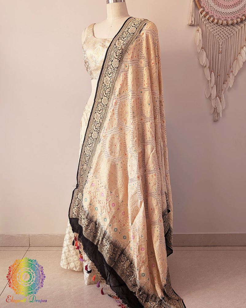 White black banarasi meenakari bandhani dupatta drape side view