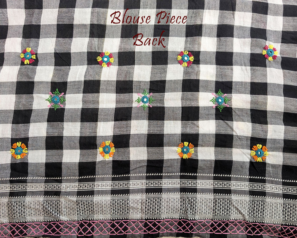 Back view of matching blouse for Black Checked Ilkal Cotton Saree
