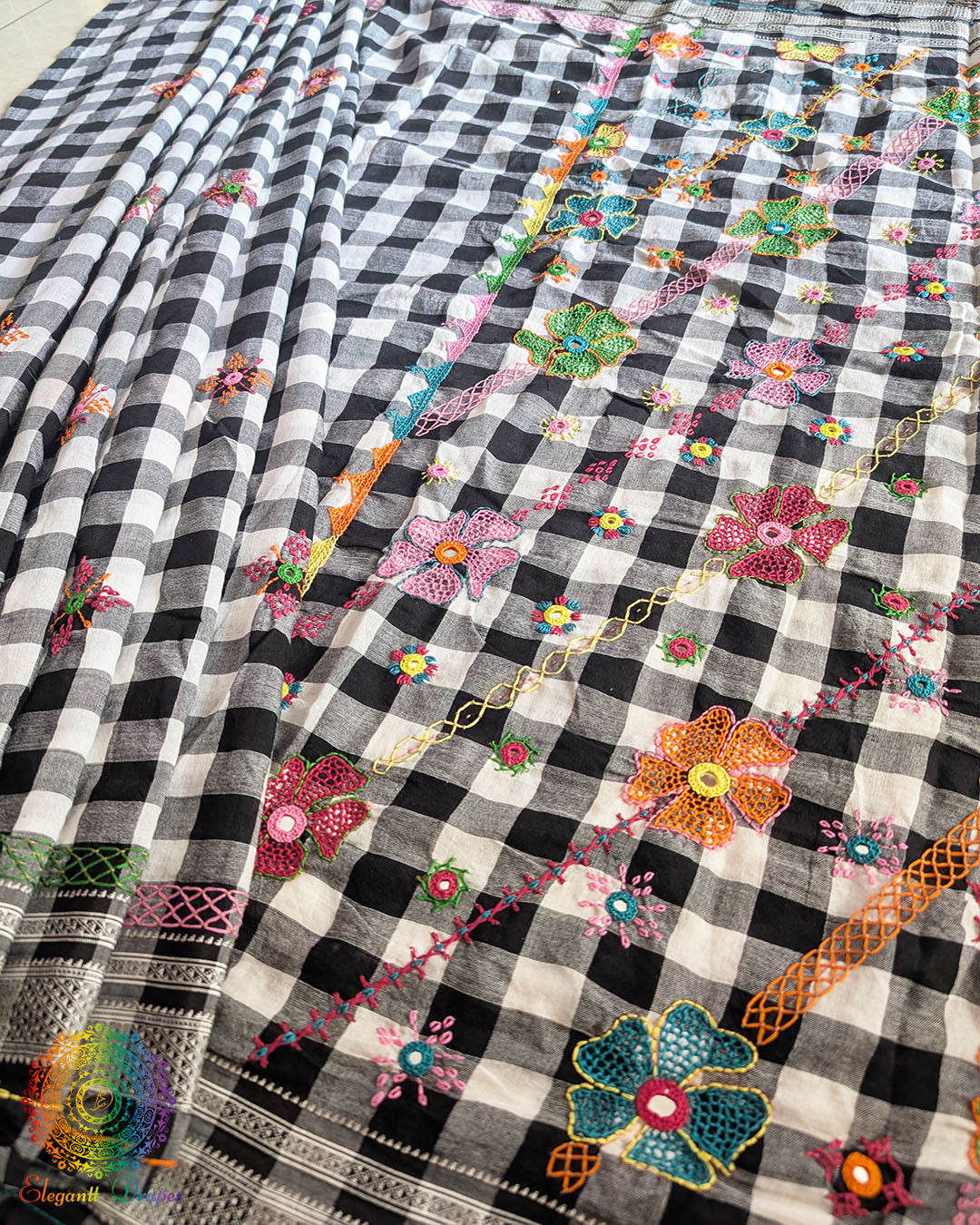 Black Checked Ilkal Cotton Saree with Lambani Hand Embroidery
