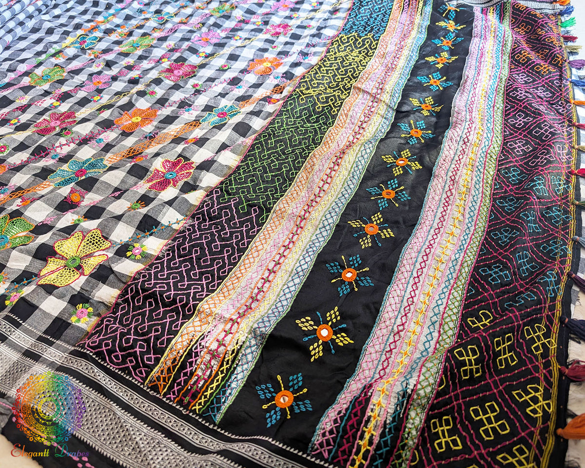 Close-up of traditional Lambani motifs on Black Ilkal Cotton Saree