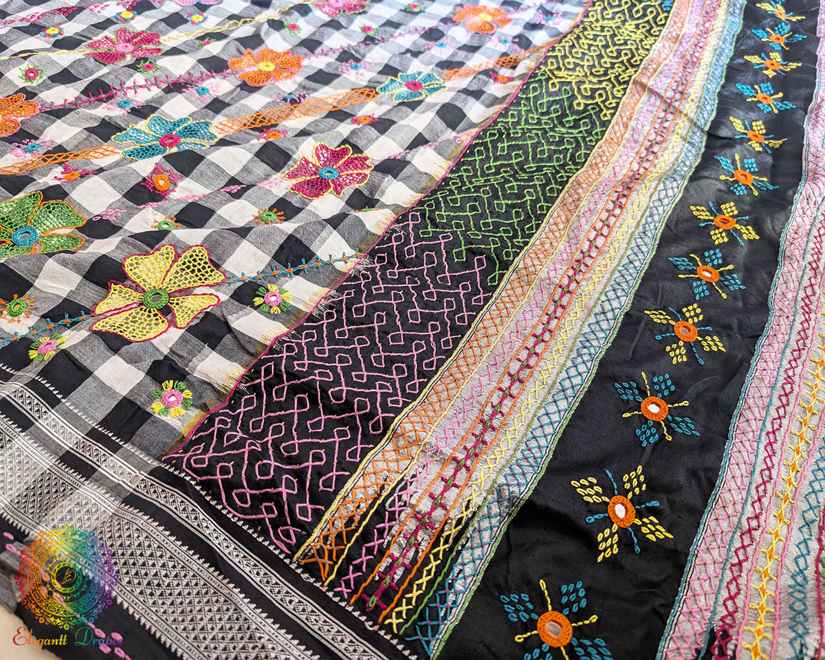 Detailed Lambani embroidered motifs on Black Checked Ilkal Cotton Saree