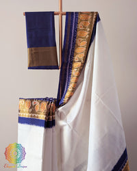 White Blue Handwoven Mulberry Silk Patola Saree – Body Pattern Close-Up showcasing the detailed white and blue Patola motifs across the saree body, highlighting the intricate patterns and fine handwoven silk texture.