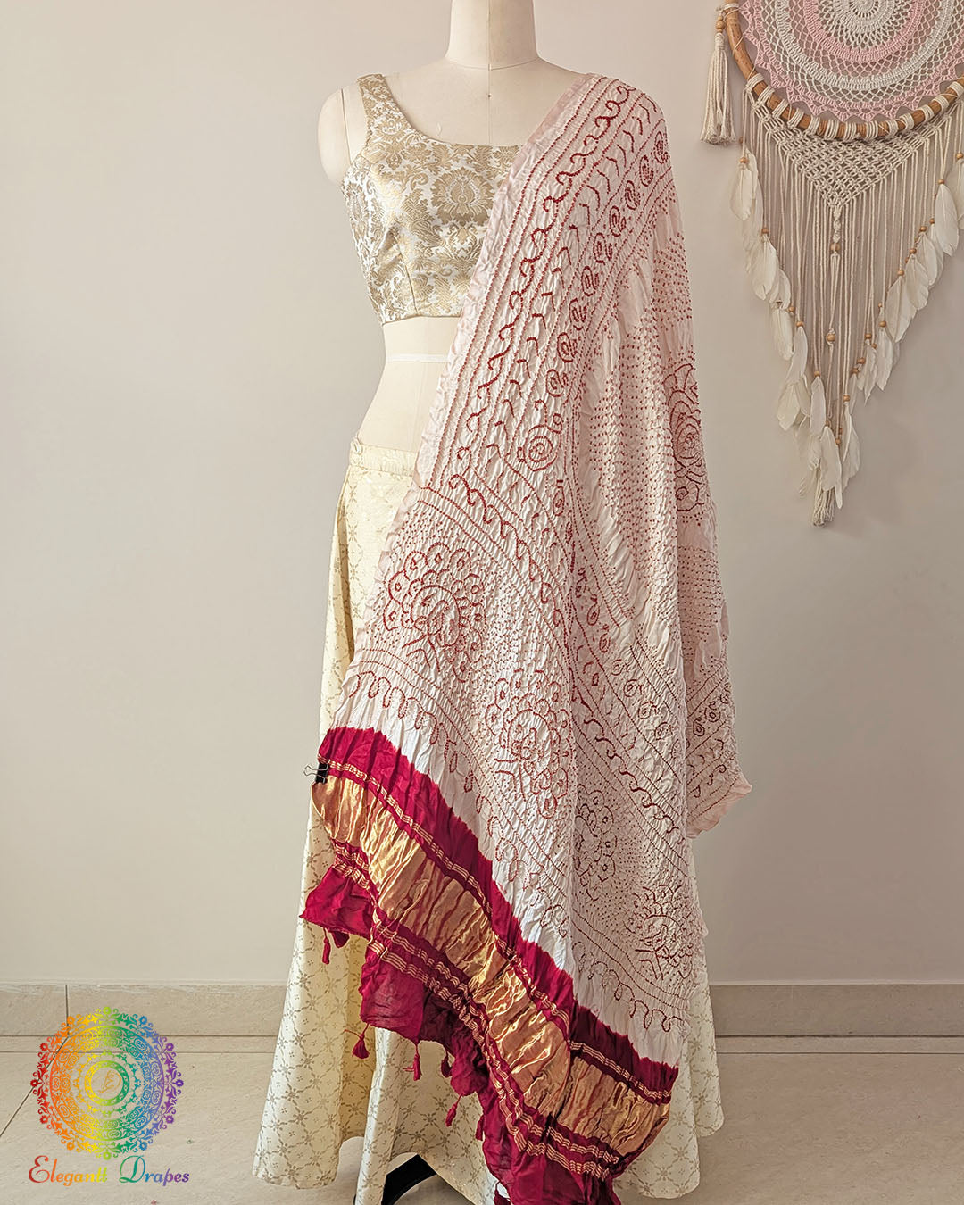White gaji silk bandhani dupatta with red palla traditional tie and dye Elegantt Drapes