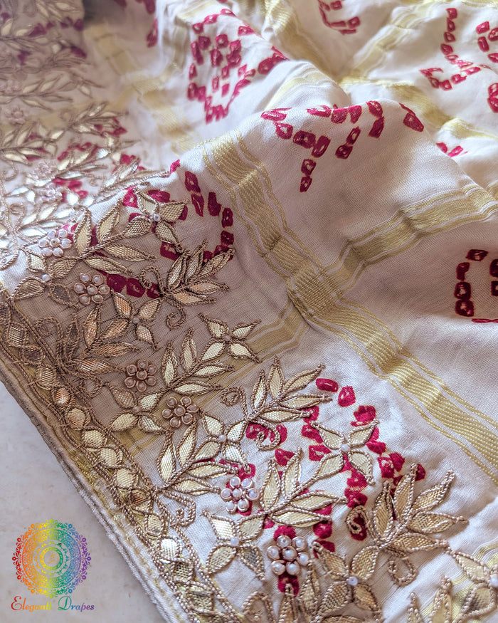 Close-up of Gharchola weave and Gota Patti detailing on Off White Gajji Silk Saree