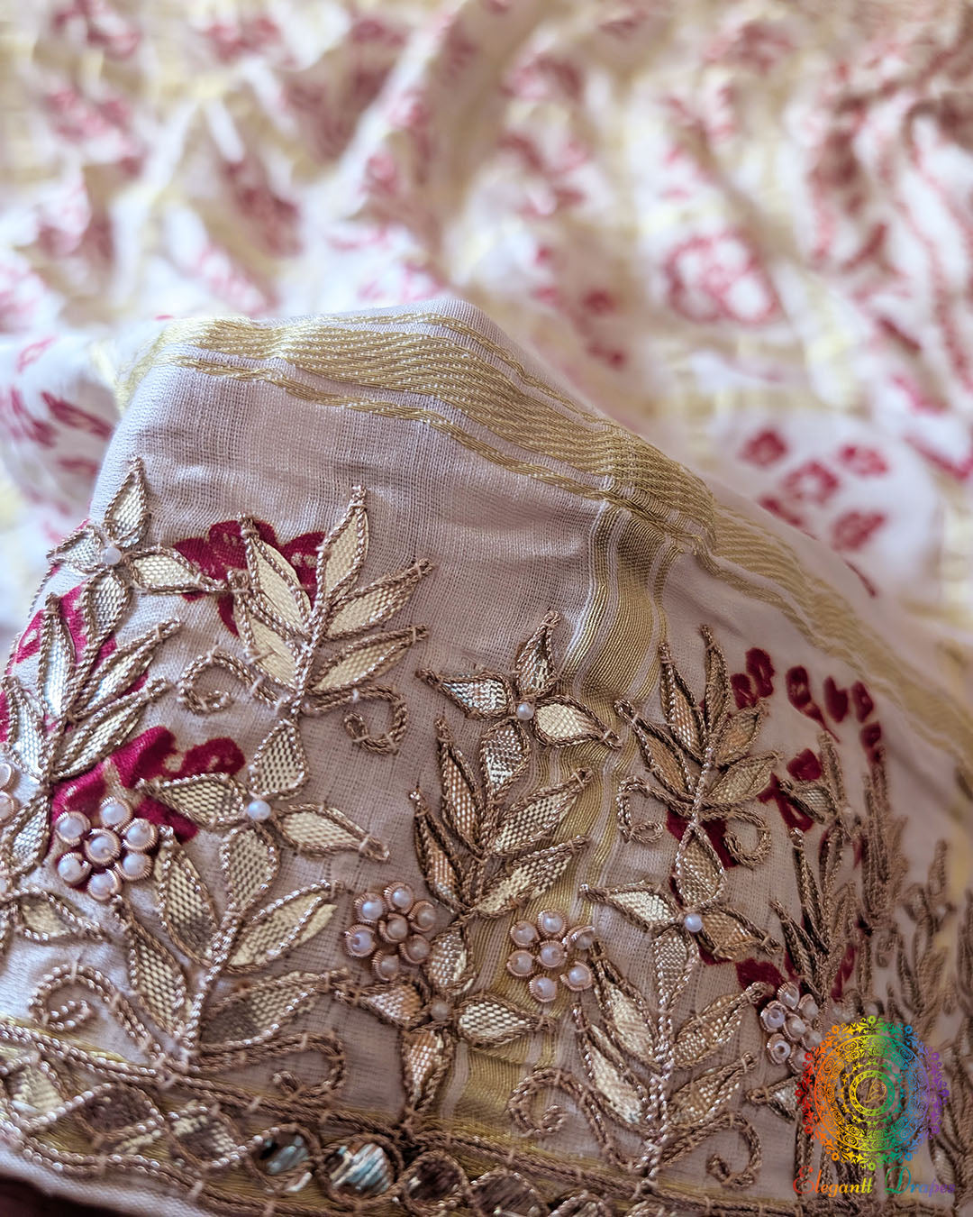 Close-up of Gharchola pattern on Off White Gajji Silk Saree