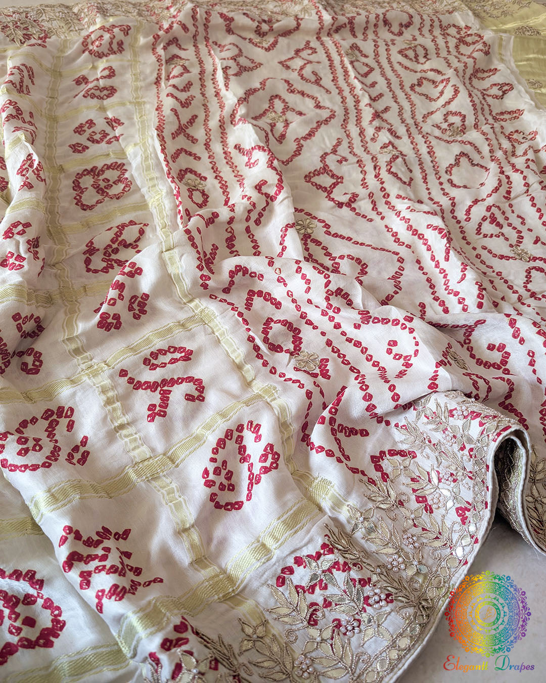 Close-up of Gota Patti Handwork on Off White Gajji Silk Gharchola Saree