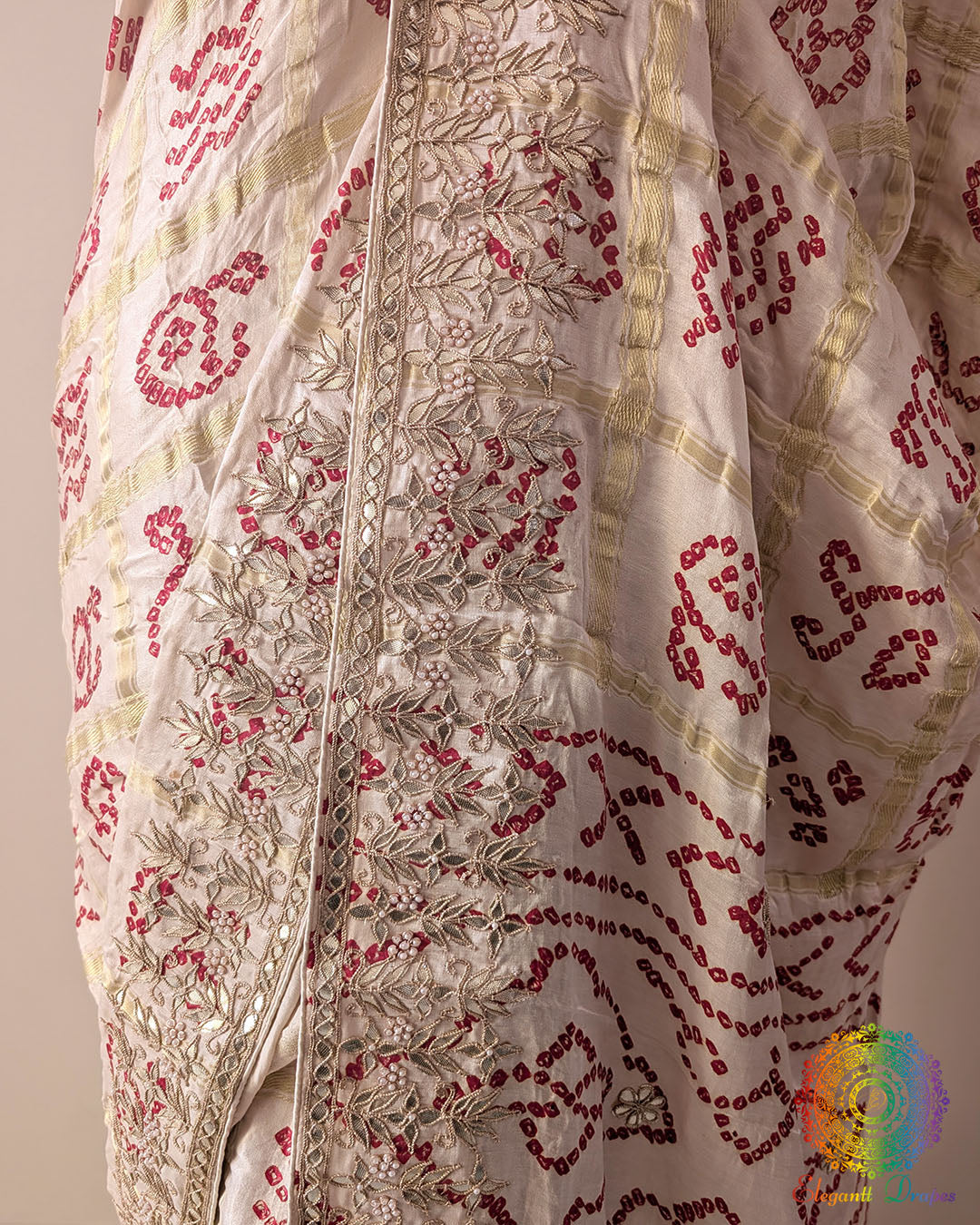 Close-up of handcrafted Gota Patti work on Off White Gajji Silk Gharchola Saree