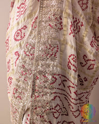 Close-up of handcrafted Gota Patti work on Off White Gajji Silk Gharchola Saree