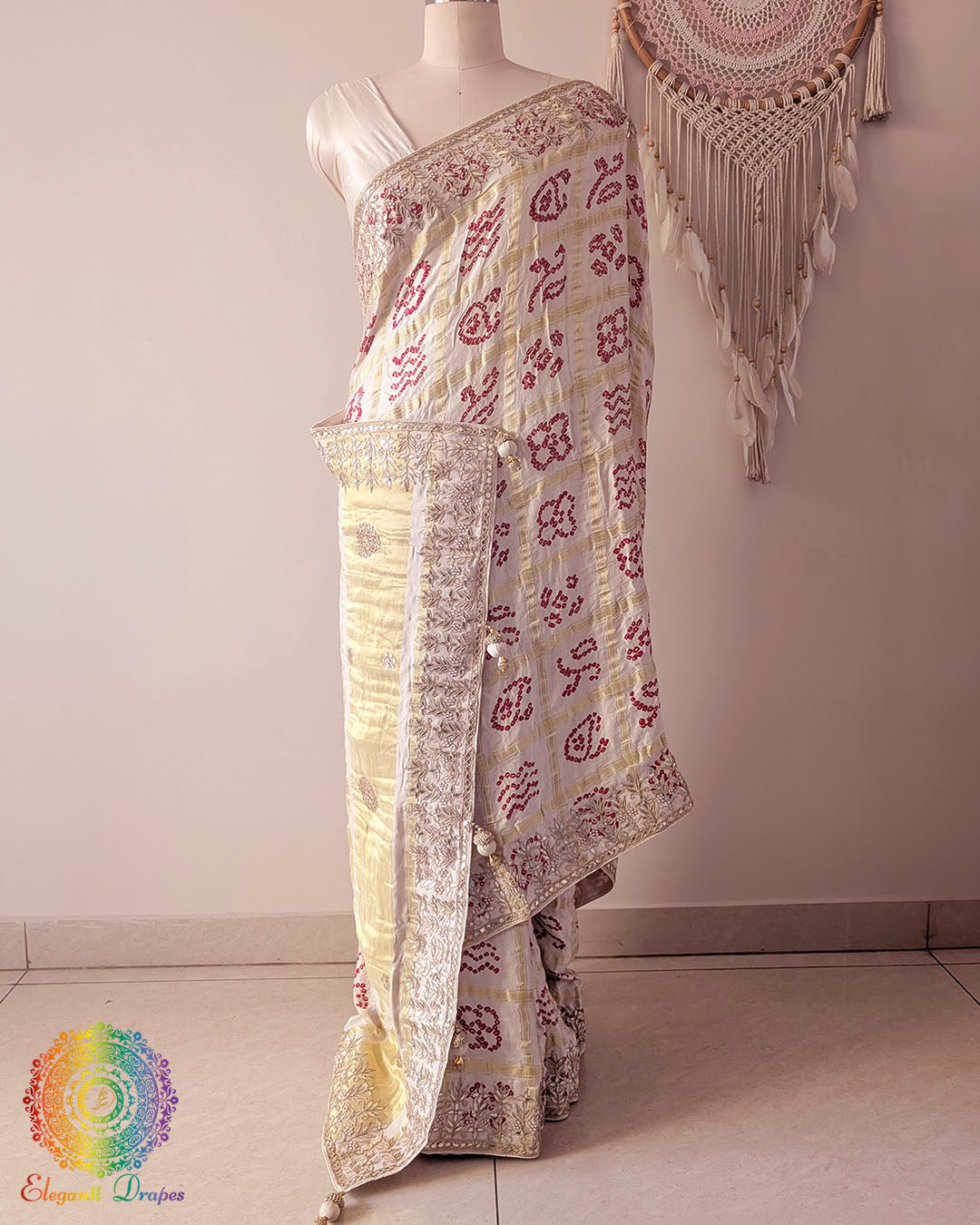 Off White Gajji Silk Gharchola Saree with Gota Patti Handwork side drape