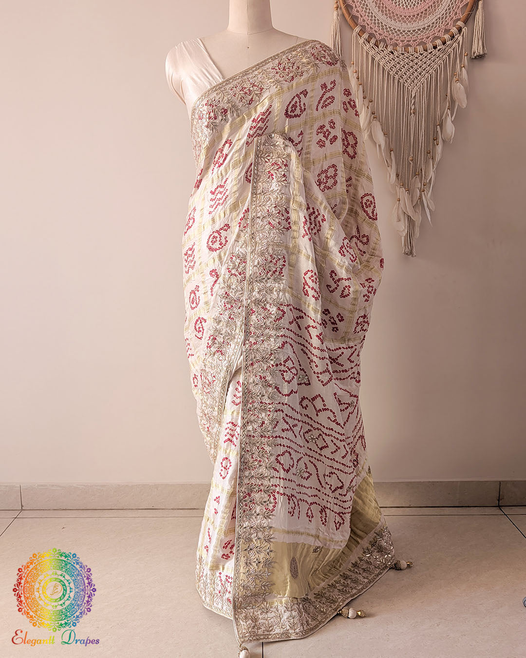 Off White Gajji Silk Gharchola Saree with Gota Patti Handwork front drape