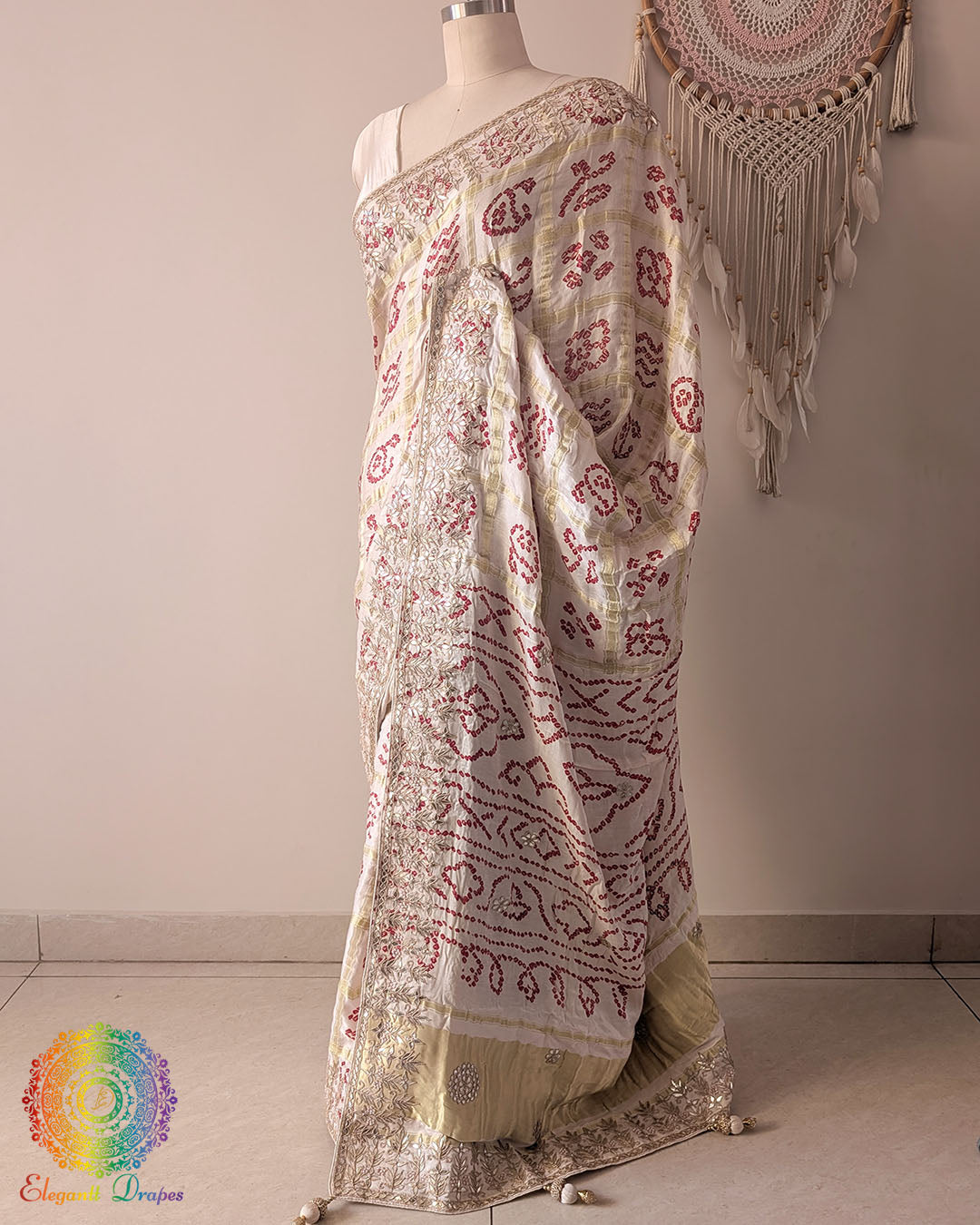 Off White Gajji Silk Gharchola Saree full drape view with Gota Patti Handwork
