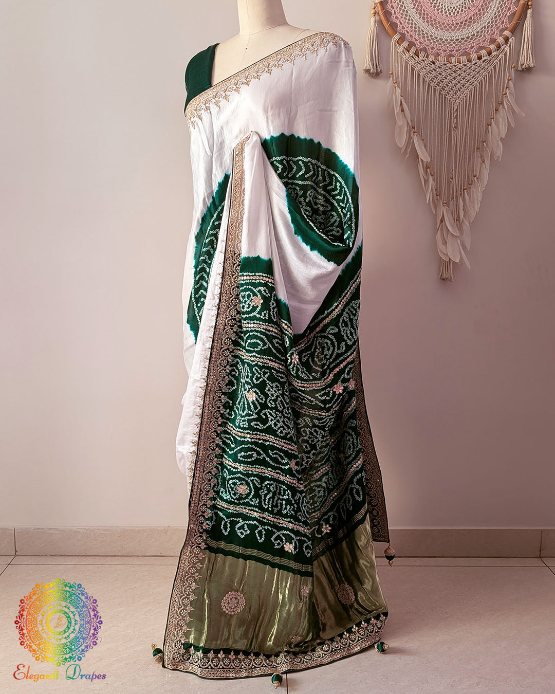 Side angle view of white and green gaji silk Rasmandal saree showcasing elegant silk drape
