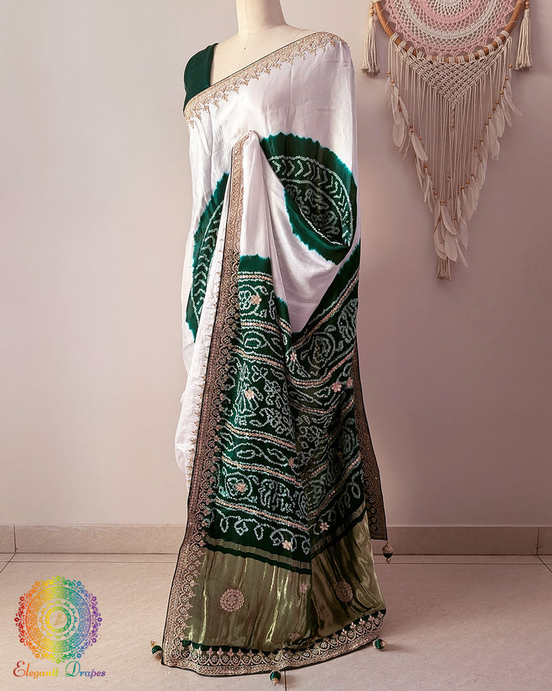 Side angle view of white and green gaji silk Rasmandal saree showcasing elegant silk drape
